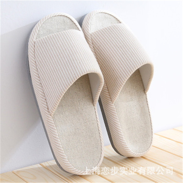 2018 new striped linen home floor pure linen men's slippers couple non-slip slippers women's shoes WSX02