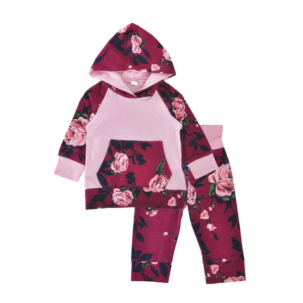 Newborn Baby Girl Clothes Breathable Long Sleeve Hoodie Sweatshirt Top +Kangero Pocket +Floral Pant Outfits Set