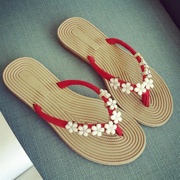 Summer Thong Slippers Flat Lady Shoes Flower Decoration Women Beach Flip Flops