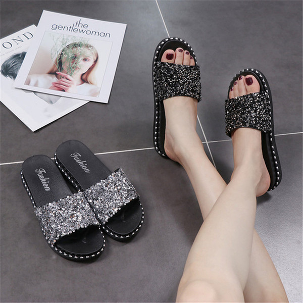 Silver Rhinestone Slippers Women Slides Summer Beach Fashion 2019 Sandals Rivet Casual Flats Ladies Shoes Sandals Shiny