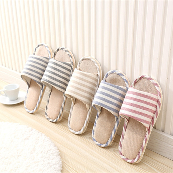 Women Men Urban Cozy Soft Skid-proof Fleece Plush Indoor Slipper Striped Flax Slippers