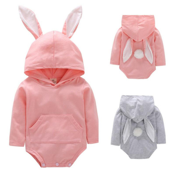 INS Baby Rabbit Romper Hooded Bunny Ear Easter Jumpsuits Long Sleeves Cartoon Toddler Rompers 2 colors MMA1394