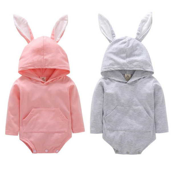 INS Baby Rabbit Romper Hooded Bunny Ear Easter Jumpsuits Long Sleeves Cartoon Toddler Rompers 2 colors MMA1394 60pcs