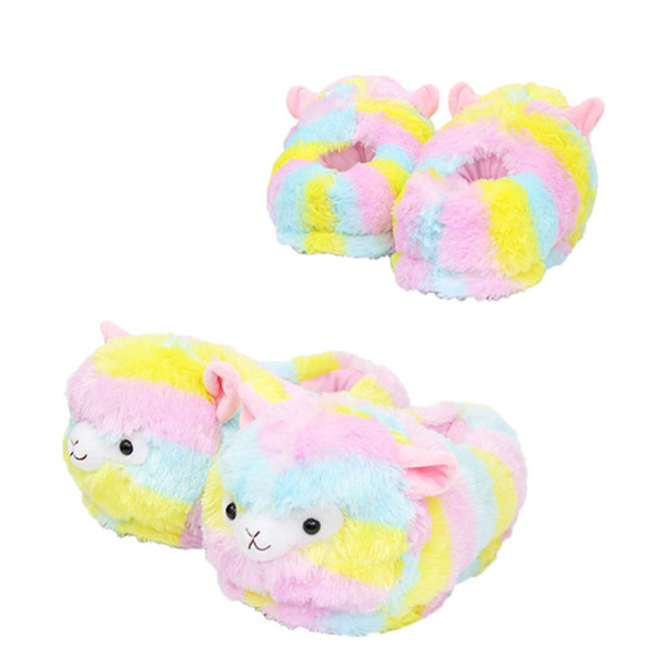 28cm Llama Arpakasso Plush Slippers Girls Rainbow Alpaca Full heel Soft Warm Household Winter flip flop for big children Home Shoes AAA1005