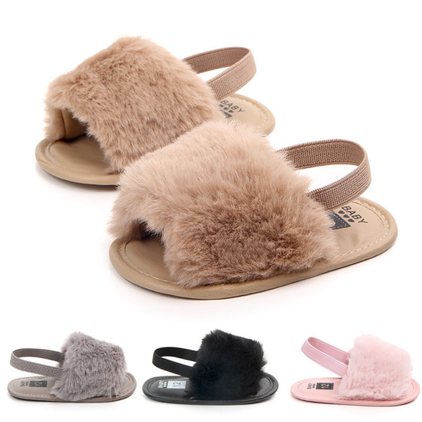 baby girl slides sandals with fur infant Fur Slippers furry shoes toddler with Elastic Back Strap Flats home shoes