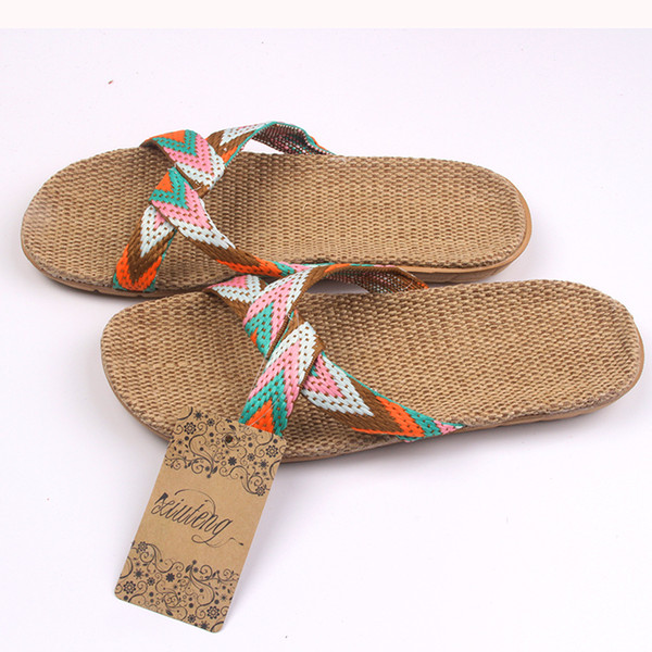 2018 Fashion Flax Home Slippers Indoor Floor Shoes Cross Belt Silent Sweat Slippers For Summer Women Sandals