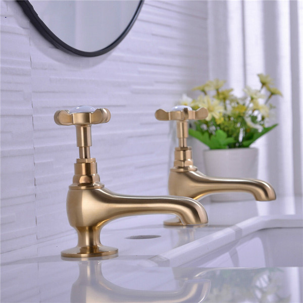 Bathtub Mount Solid Brass Bathtub Filler Taps Hot & Cold Pillar Taps Classic Bathroom Shower Faucet Brushed Gold & Black,1 Pair