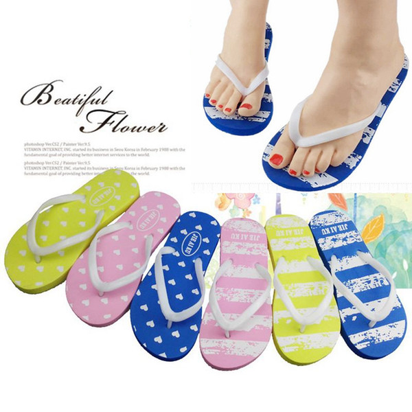 EVA Striped Beach Shoes Anti Slip Flip Flops Women Heart Love Slippers Summer Flat Sandals Bath Supplies YW330