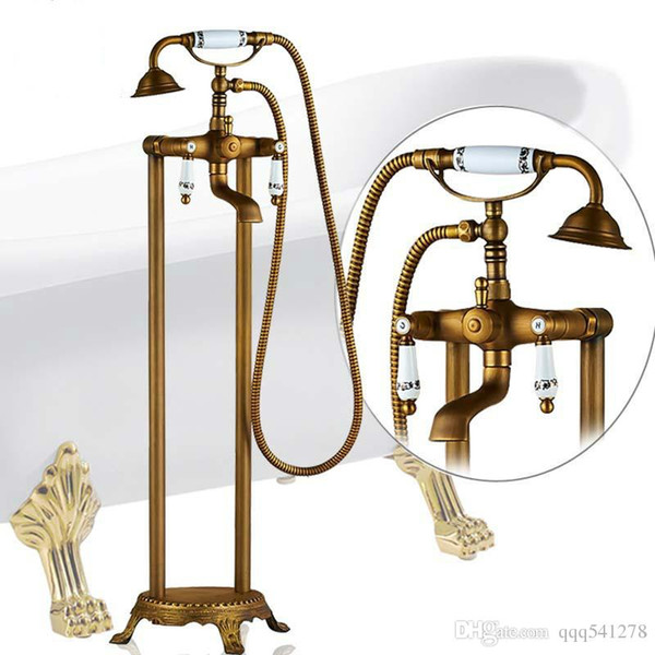 Antique Brass Freestanding Bathtub Faucet Set Dual Ceramic Handle Floor Mounted Claw Foot Bath Tub Mixers Swive Spout Tub Faucet