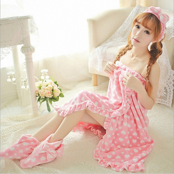 Hot sale! Cute Sweet Bath Skirt Hair Band Shoes Three-piece Flannel Thick Sexy Pajamas Soft Comfortable Bath towel