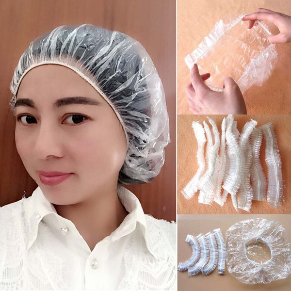 Hot Sale 100Pcs One-off Disposable Hotel Shower Bathing Clear Hair Elastic Caps Hats Shower Caps