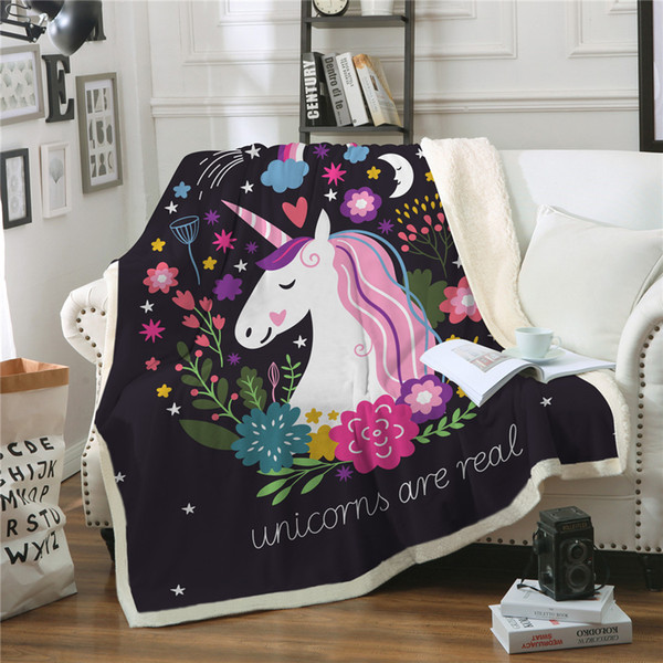 Cartoon Unicorn Velvet Plush Throw Blanket Floral Printed for Kids Girls Sherpa Blanket for Couch Black Thin Quilt