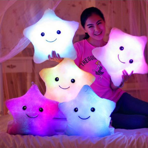 Battery Powered Decorative Flashing LED Light Plush Pink Smiling Star Cushion Pillow New Free Shipping