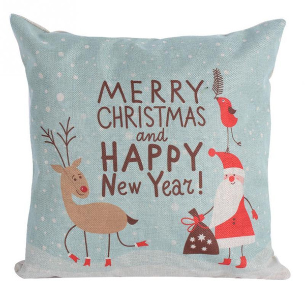 Hot Happy New Year Merry Christmas Santa Deer Linen Pillow Case Sofa Decorative