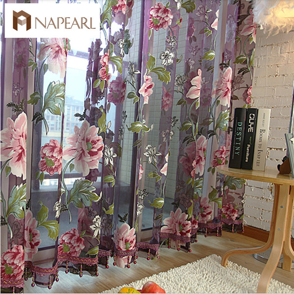 New classical classic flower curtain window screening customize finished products purple tulle curtain