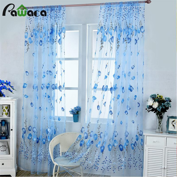 Tulle Curtains Tulip Flower Window Voile Sheer Curtain for Living Room Bedroom Home Decoration Elegant Blue Green White 7 colors