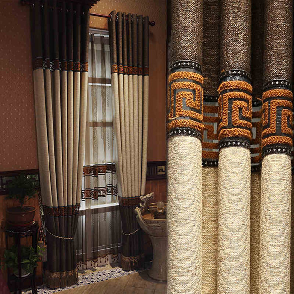 Custom Made Luxury Greek key Linen Curtains with Tassels Traditional Chinese Style Curtains Living Room Eco-Friendly