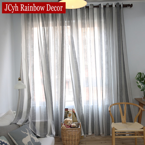 Japanese Style Stripe Sheer Tulle Curtains For Living Room Bedroom Voile Curtains For Window Gray Linen Fabric Drapes