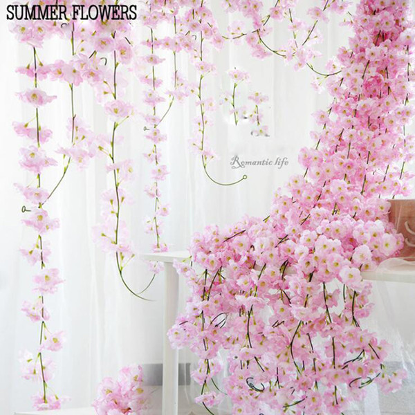 2m Sakura Rattan artificial flower bouquet floral wall Hanging Garland Silk Flowers String Home Hotel Party Wedding Decor