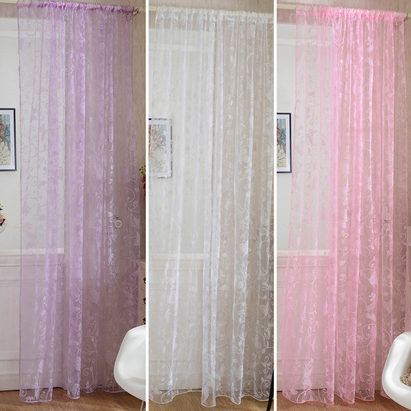 Door Drape Panel Scarf Sheer Voile Butterfly Flocked Yarn Window Curtain Decal Pink Curtain