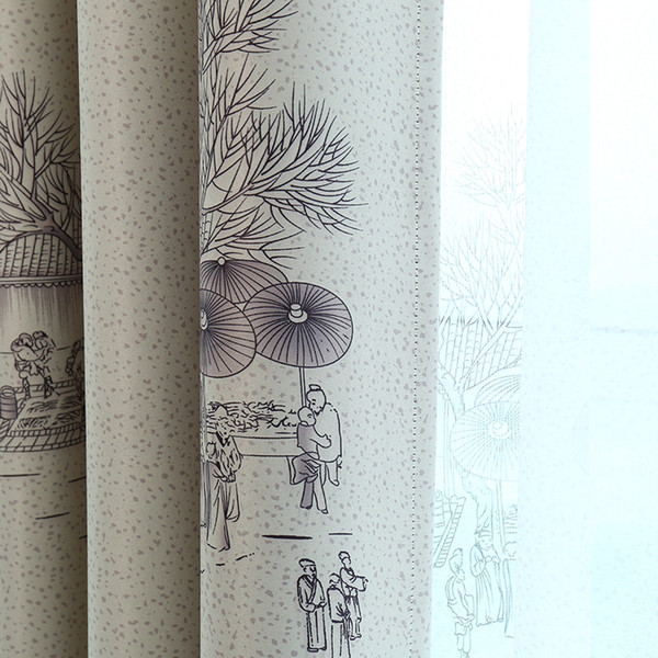 Qingming Shanghe Chinese Ink Paint Window Shade Blackout Curtains for Living Room Curtains for Bedroom Study room