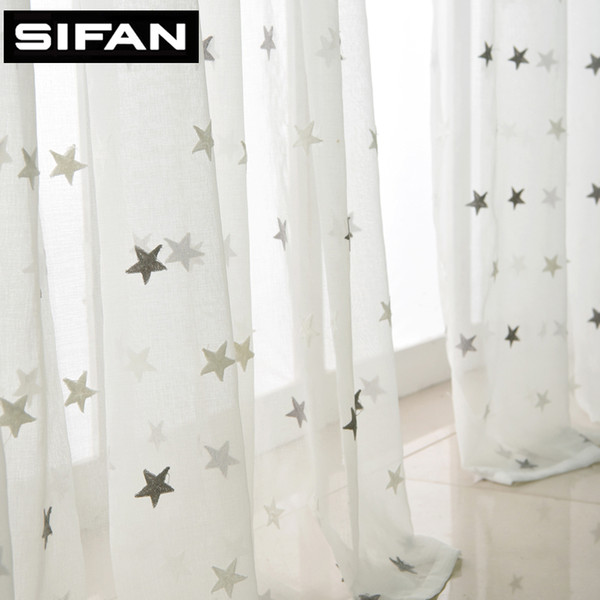 Gray/Blue Stars Embroidered Voile Curtains for Living Room the Bedroom Sheer Curtains Tulle Window Fabric Drapes