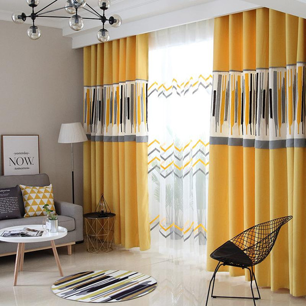 Customzied Nordic European Cotton Linen Curtain for Living Room Modern Yellow Grey Splicing Geometric Pattern Blinds for Bedroom