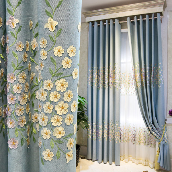 3D Embroidery Flower Curtains Tulle Blue Garden Cotton Linen Curtain for Living Room Bedroom Floor Window Shade Curtain Gauze