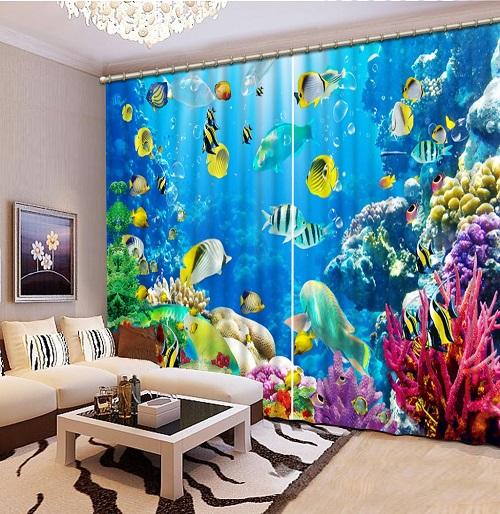 kids Bedroom Underwater world 3D Window Curtain Luxury Blackout Living Room Hotel decoration Drapes Rideaux Cortinas pillowcase