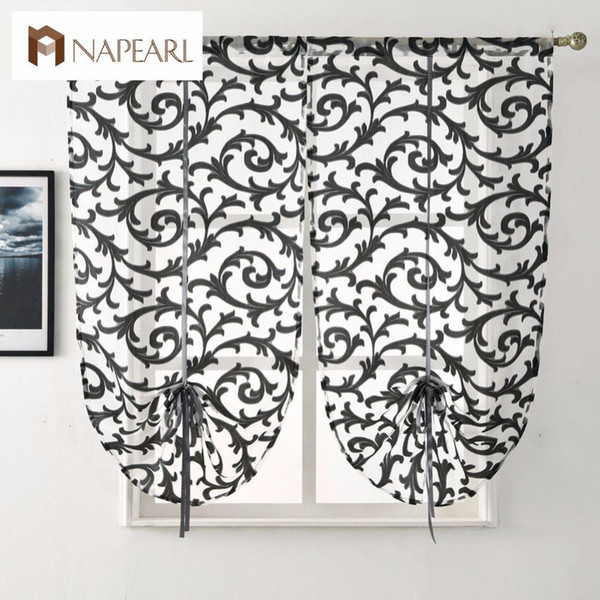 Short kitchen curtain modern window treatment tie up balloon curtain home textile sheer panel tulle white black jacquard