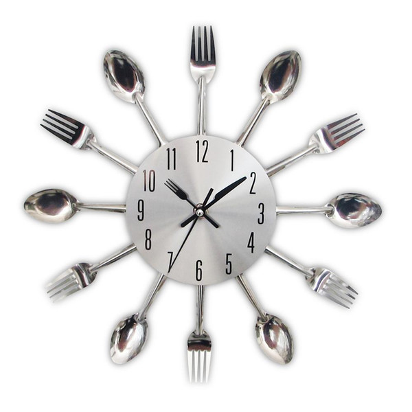 2017 New Modern Kitchen Wall Clock Sliver Cutlery Clocks Spoon Fork Creative Wall Stickers Mechanism Design Home Decor Horloge