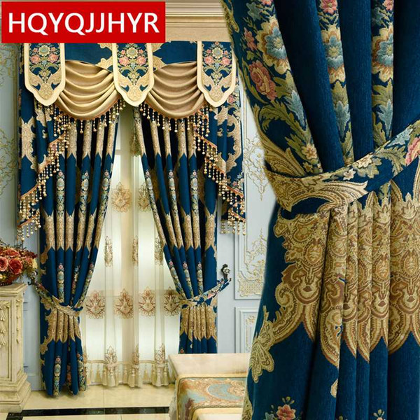 European top dark Blue / Beige Jacquard Blackout Curtains for the Living Room High quality villa floor Curtain for Bedrooms