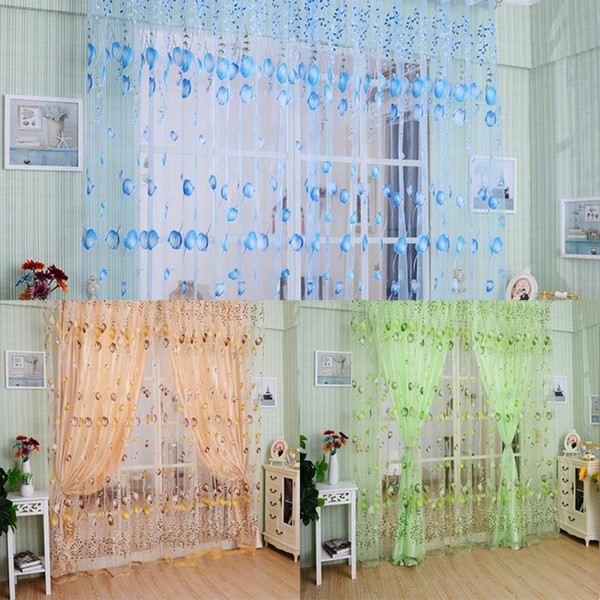 LS4G 1M*2M tulle Curtains Chic Room Tulip Flower Sheer Curtain Pastoral Curtains for The Living Room Blue Green Orange