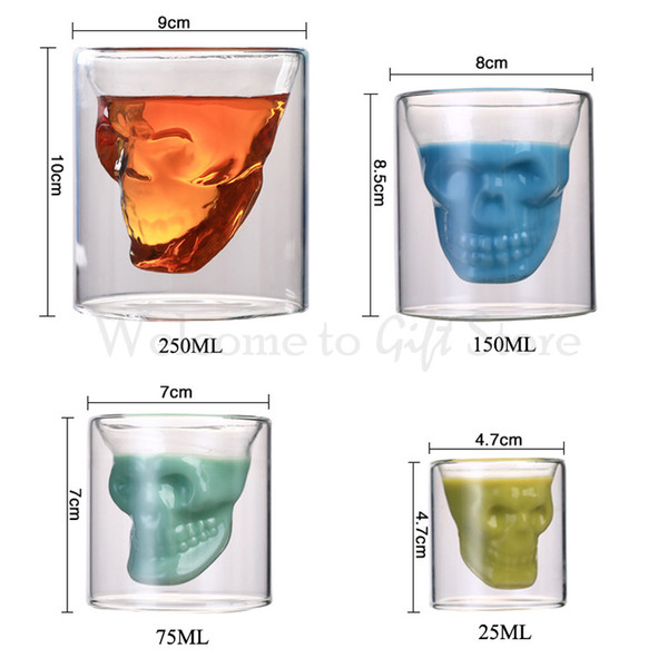 Skull Double Transparent Glass Beer Cup Beer Mug 25ML 75ML 150ML 250ML Milk Tea Cup Free Shipping DN033