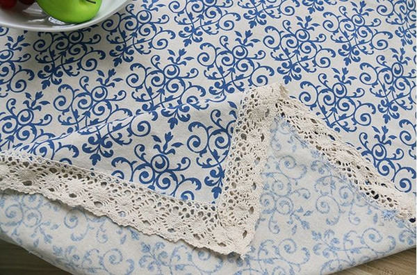 Retro Blue and White Table Cloth with Lace Cotton Print Chinese Style Rectangular Dinning Tablecloths Cover Home Decor