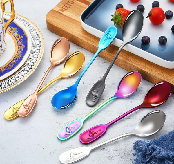 Cute Flamingo Handle Spoon 304 Stainless Steel Coffee Spoon 7 Colors Tea Spoon Great Party Wedding Gift