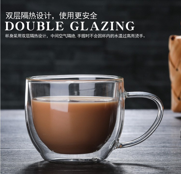 150ml250ml Heat Resistance Double Wall Glass Cup With the Handle Coffee Mugs, Glass Cups with Stainless Steel Spoon