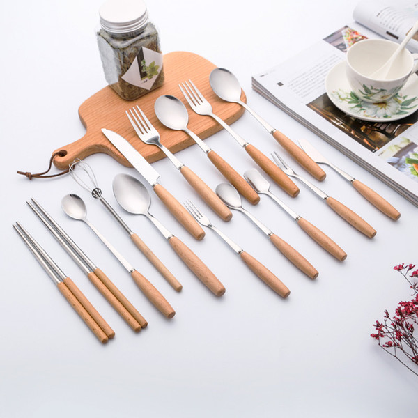 Hot Sale stainless steel dinnerware tableware with beech wood fork spoon knife set high quality cutlery can use as gift