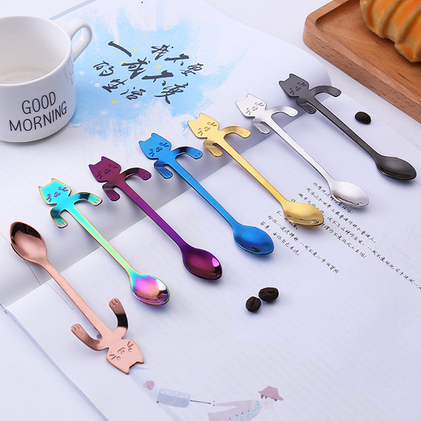 Stainless Steel 304 Cat Tea Spoon Long Handle Milk Soup Spoon Coffee Spoons Stirrer Bar Supply Various Colors for Choice