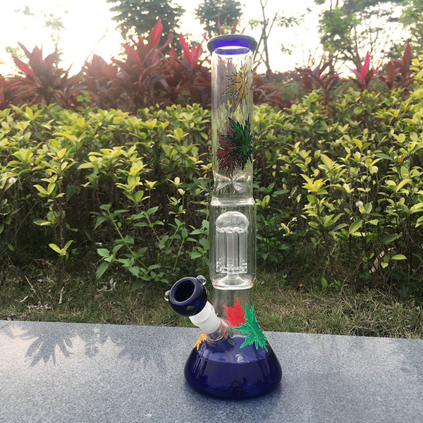 glass oil pipes for smoking manufacturer direct sale, 14.56inch Transparent water pipes percolator blue Beaker Base Multicolored maple leaf