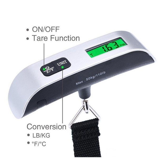 50kg Capacity Mini Digital Luggage Scale Hand Held LCD Electronic Scale Electronic Hanging Scale Thermometer Weighing Device