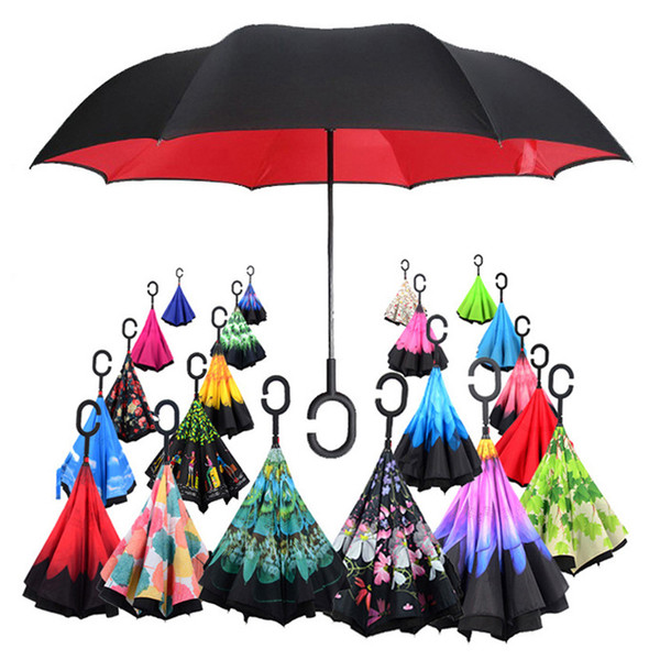 C-Hand Windproof Reverse Double Layer Inverted Umbrella Inside Out Self Stand Windproof Umbrella 35 design Free Shipping