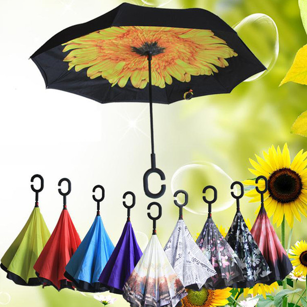 Hot Sale Windproof Reverse Double Layer Inverted C-Hand Umbrella Inside Out Self Stand Windproof Umbrella 35 design Free Shipping