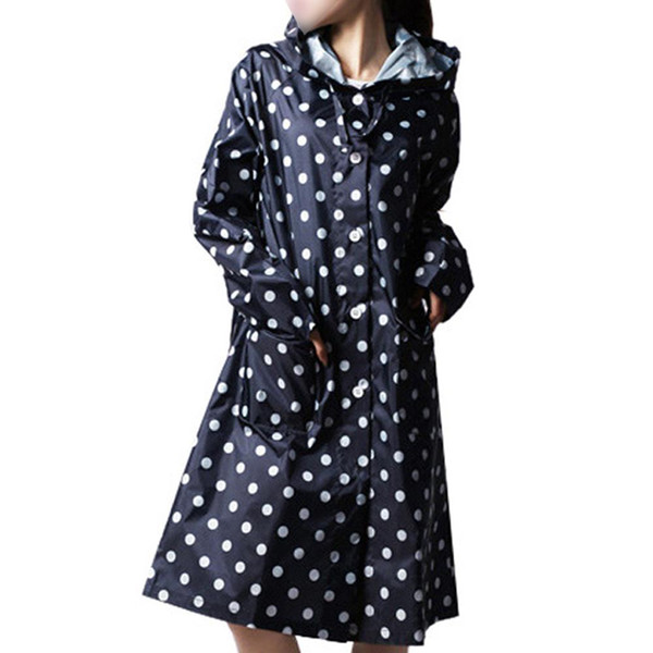 Outdoor Women Waterproof Riding Clothes Raincoat Poncho Pocket Polka Dot Hooded Knee Long Rainwear Nylon Navy Blue Best Selling