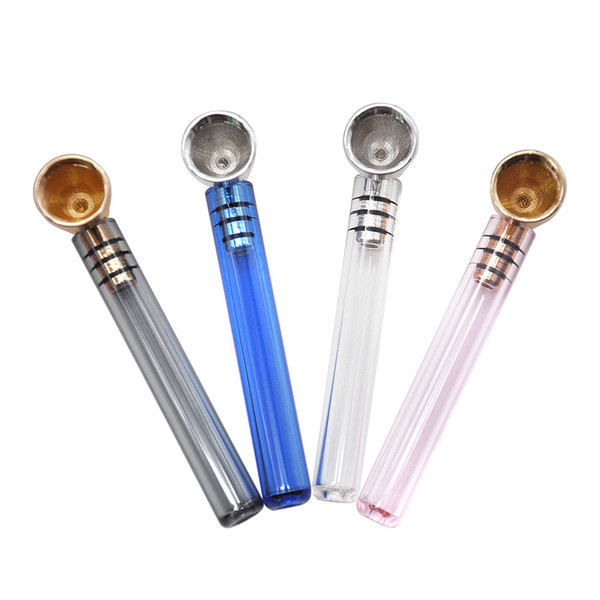 Premium Glass Smoke Pipe With Clear Handle 93MM With Metal Bowl Mini Style Glass Hand Spoon Pipes Tobacco Herb Pipe Accessories