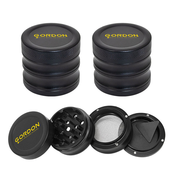 Golden UV Logo Black Aluminum Alloy Herb Grinder Pollen Catcher 56MM 4 Piece Metal Smoking Grinders Tobacco Hand Muller Crusher