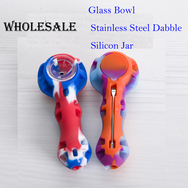 Colorful silicon hand pipe with glass bowl random color Silicon dab rig Hookah Bongs glass bowl dab tool wholesale