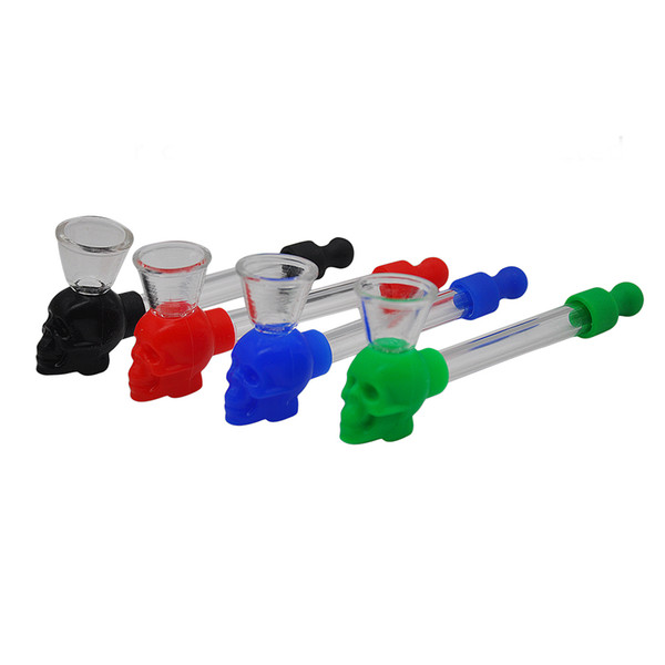 New Arrival Multicolor Silicone Skull Glass Pipe Hand Smoking Pipe Glass Tube Cigarette Water Pipe with Screen