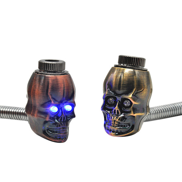 Metal Skull Bowl Oil Burners Tobacco Herb Pipes Twisty Metal Blunt Skull Hand Pipe with Flexible Handle Eyes Lights metal smoking pipes BD25