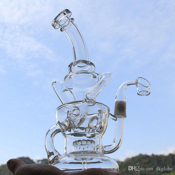 New Glass bong double recycler Water Pipe with quartz banger nail 14.4mm joint